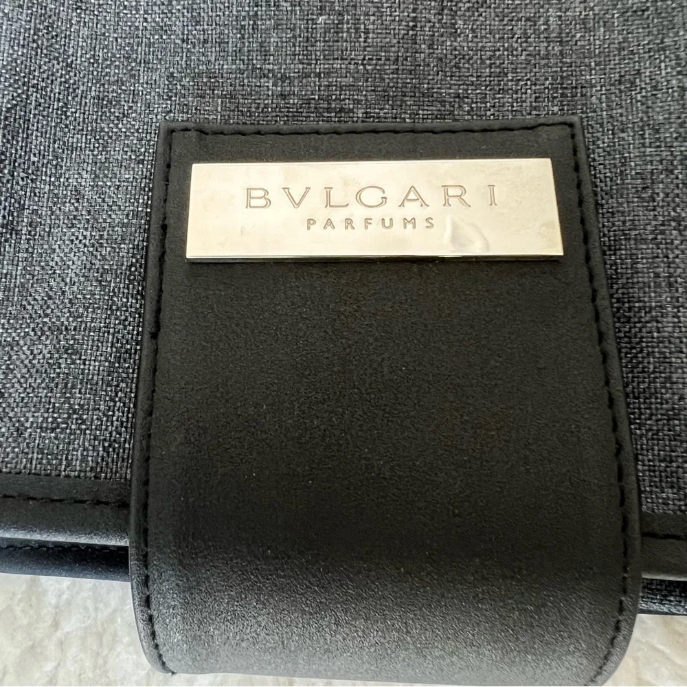 Bvlgari Parfume Black Leather Gray Canvas Bifold Cosmetic Novelty Pouch Case